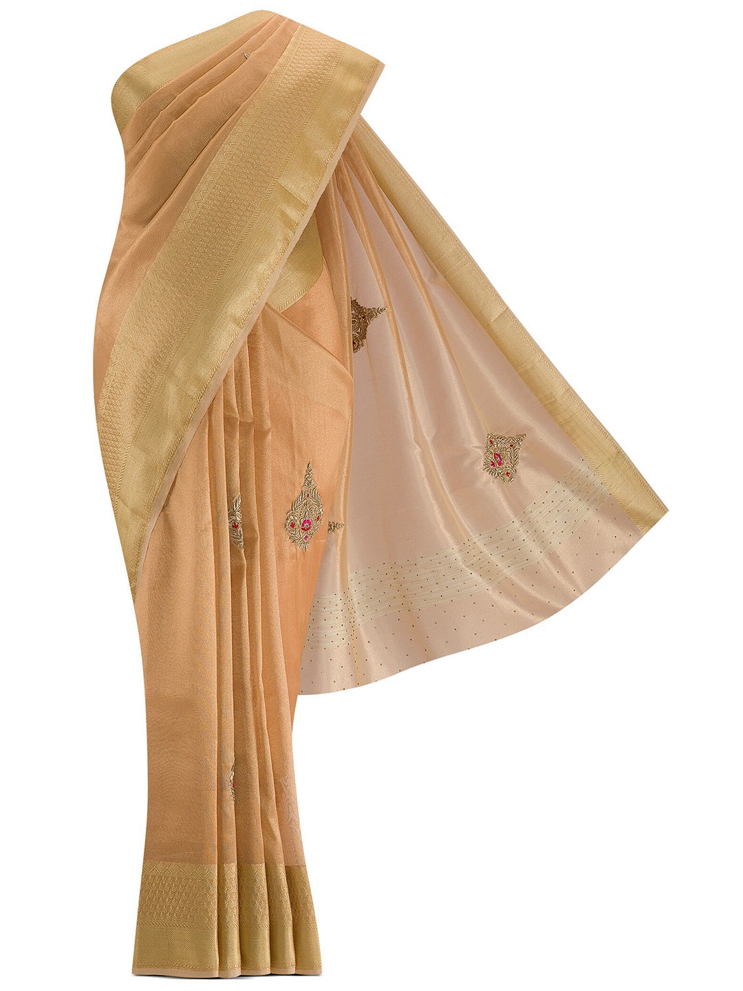 

Nalli Silk Sarees Peach & Gold-Toned Ethnic Motifs Pure Cotton Saree