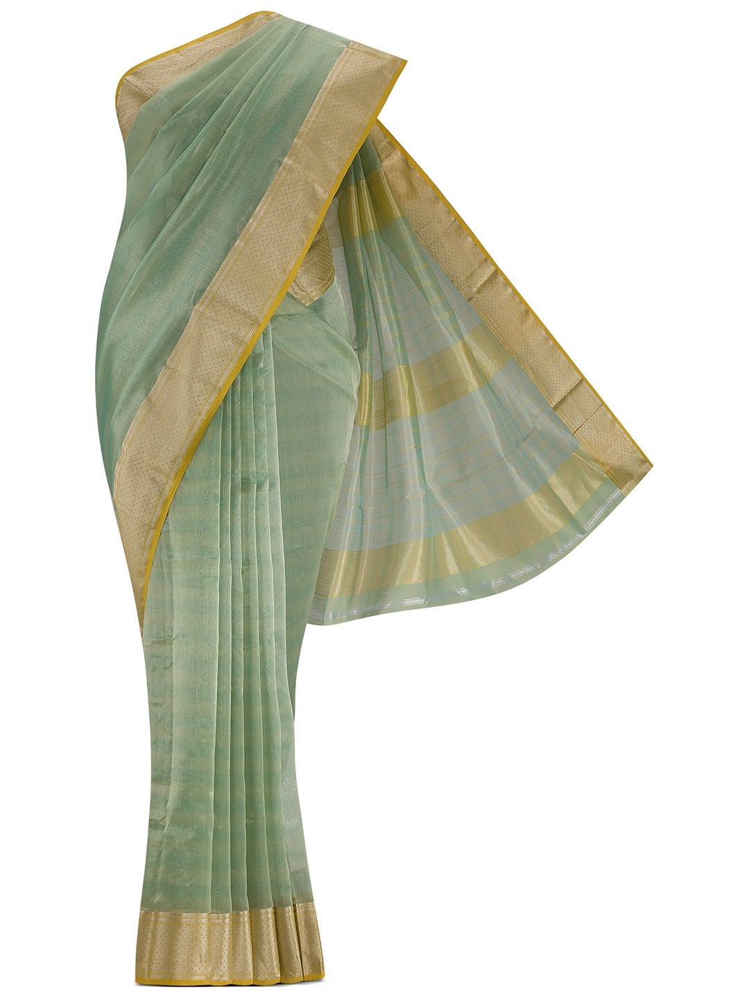 

Nalli Next Green & Gold-Toned Striped Zari Silk Cotton Saree