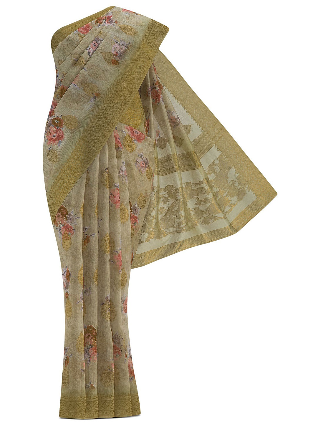 

Nalli Next Green & Gold-Toned Woven Design Pure Linen Saree