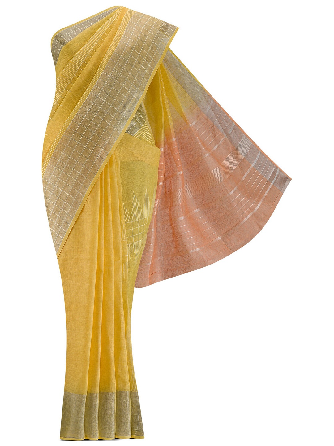 

Nalli Next Yellow & Pink Striped Linen Blend Saree
