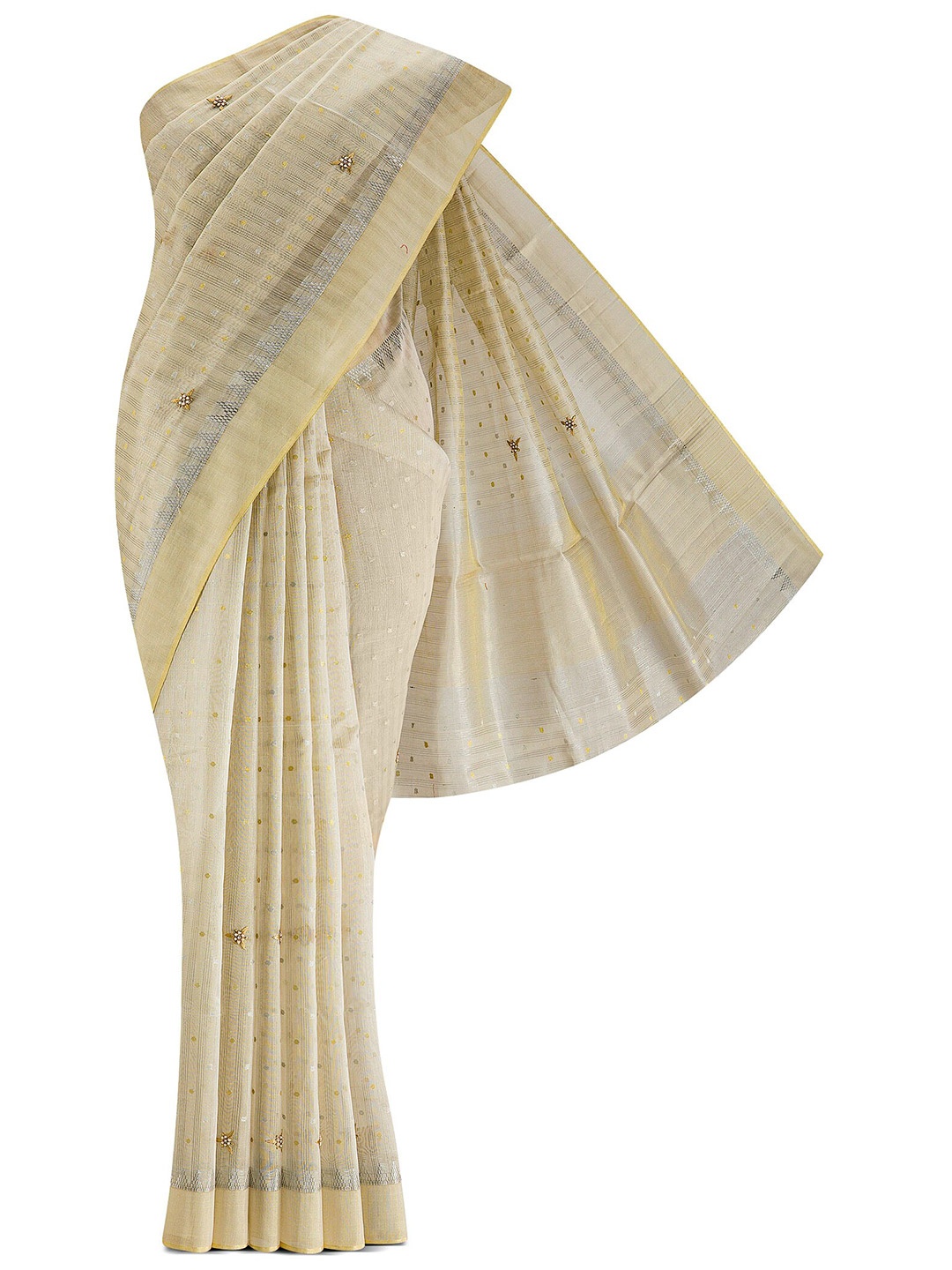 

Nalli Next Green & Gold-Toned Woven Design Mysore Silk Saree, Cream