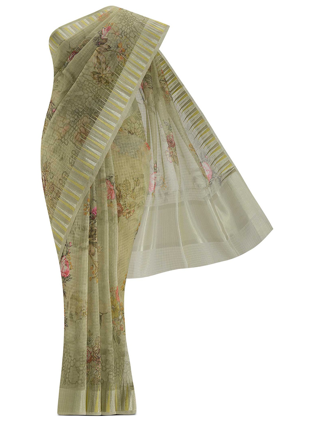 

Nalli Next Green & Silver-Toned Woven Design Aari Work Saree, Beige
