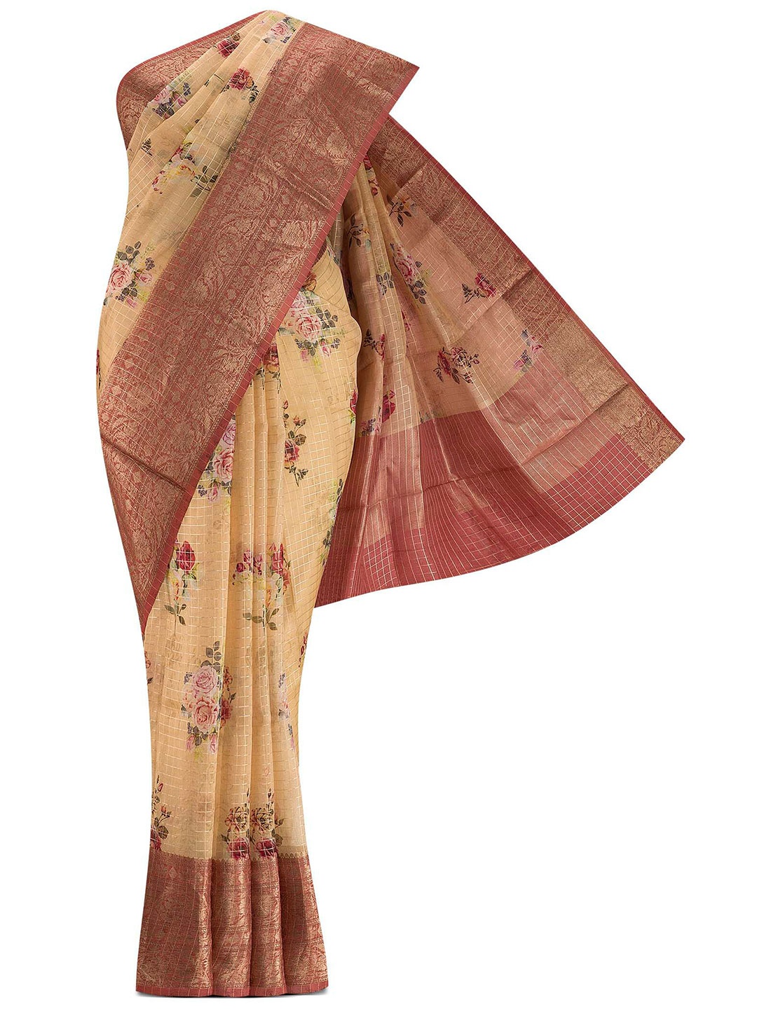 

Nalli Silk Sarees Tan & Cream-Coloured Floral Zari Organza Saree