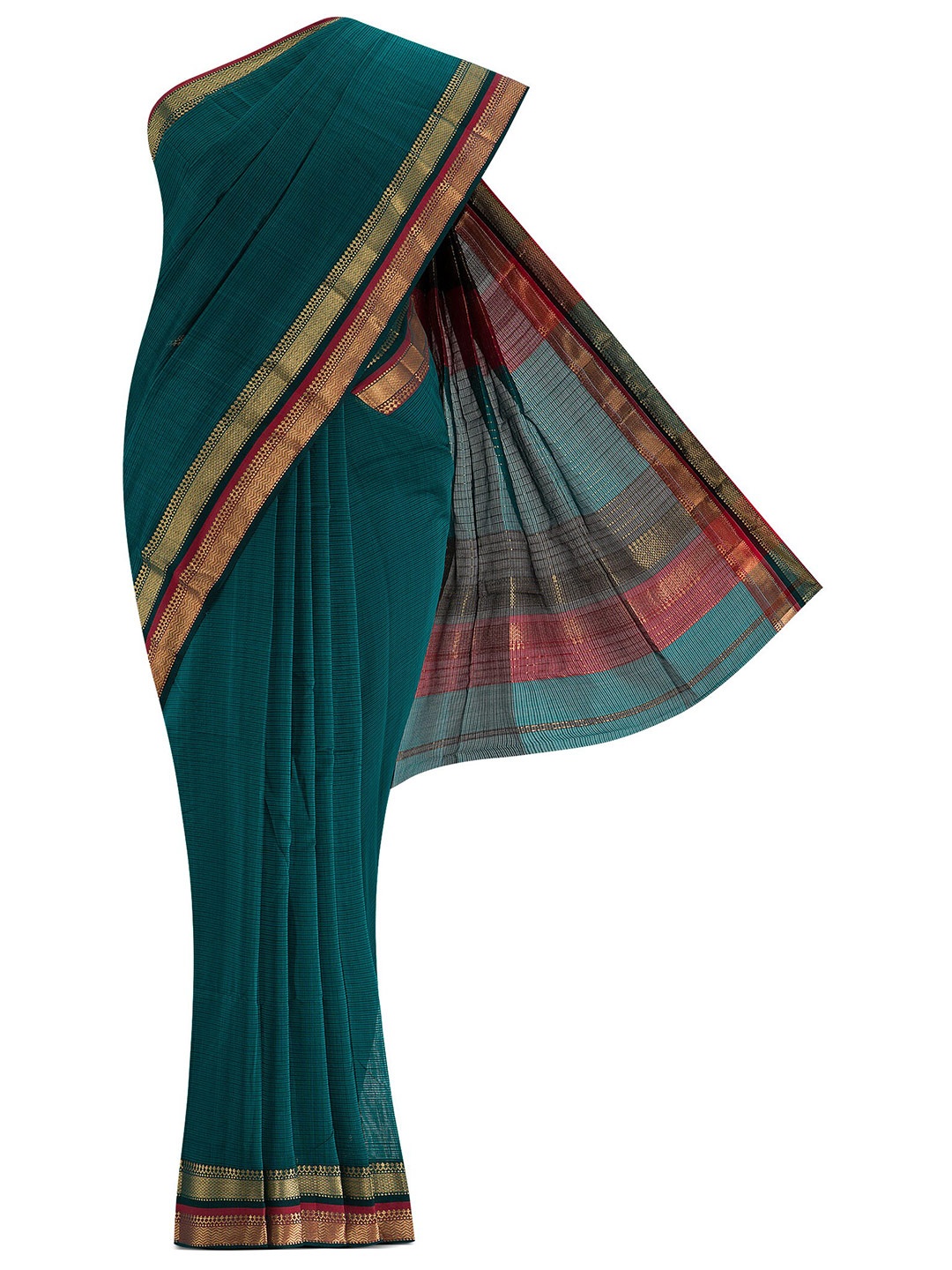 

Nalli Next Green & Gold-Toned Striped Silk Cotton Maheshwari Saree