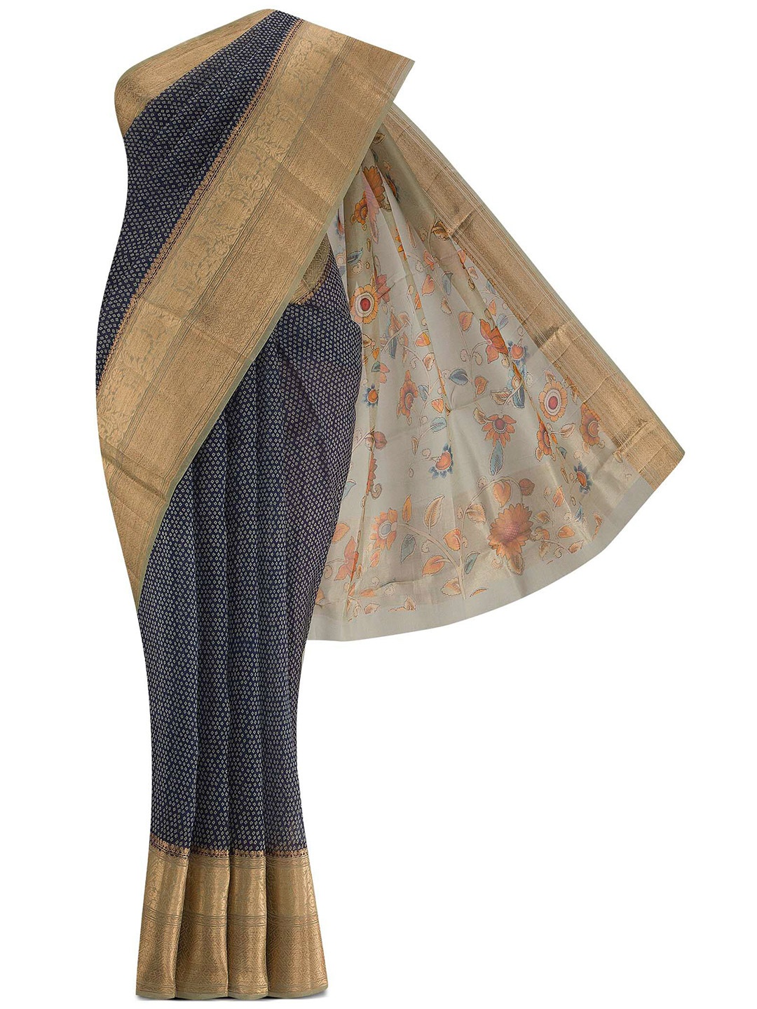 

Nalli Silk Sarees Grey & Gold-Toned Floral Zari Organza Saree