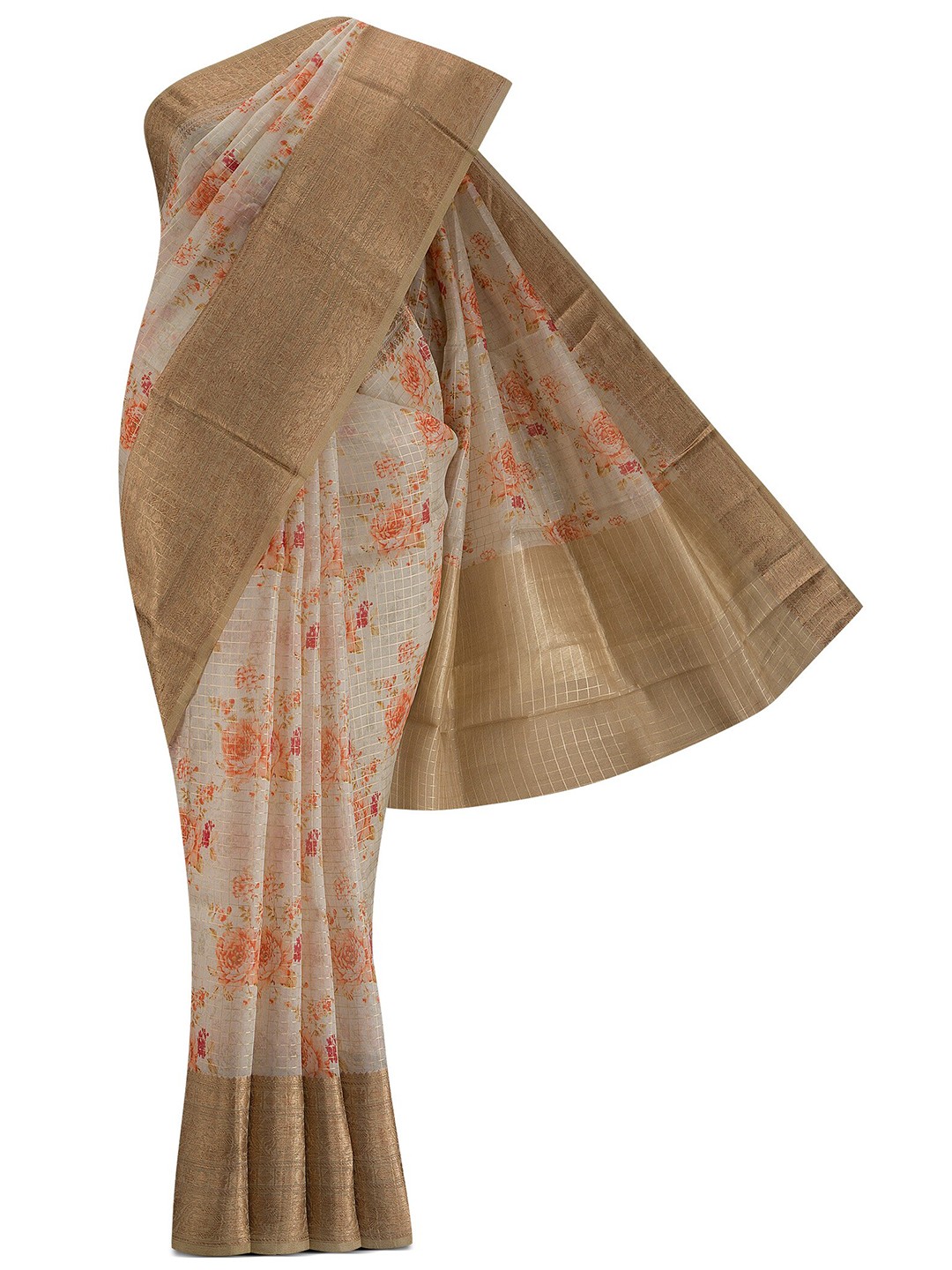 

Nalli Silk Sarees Cream-Coloured & Gold-Toned Floral Aari Work Organza Saree
