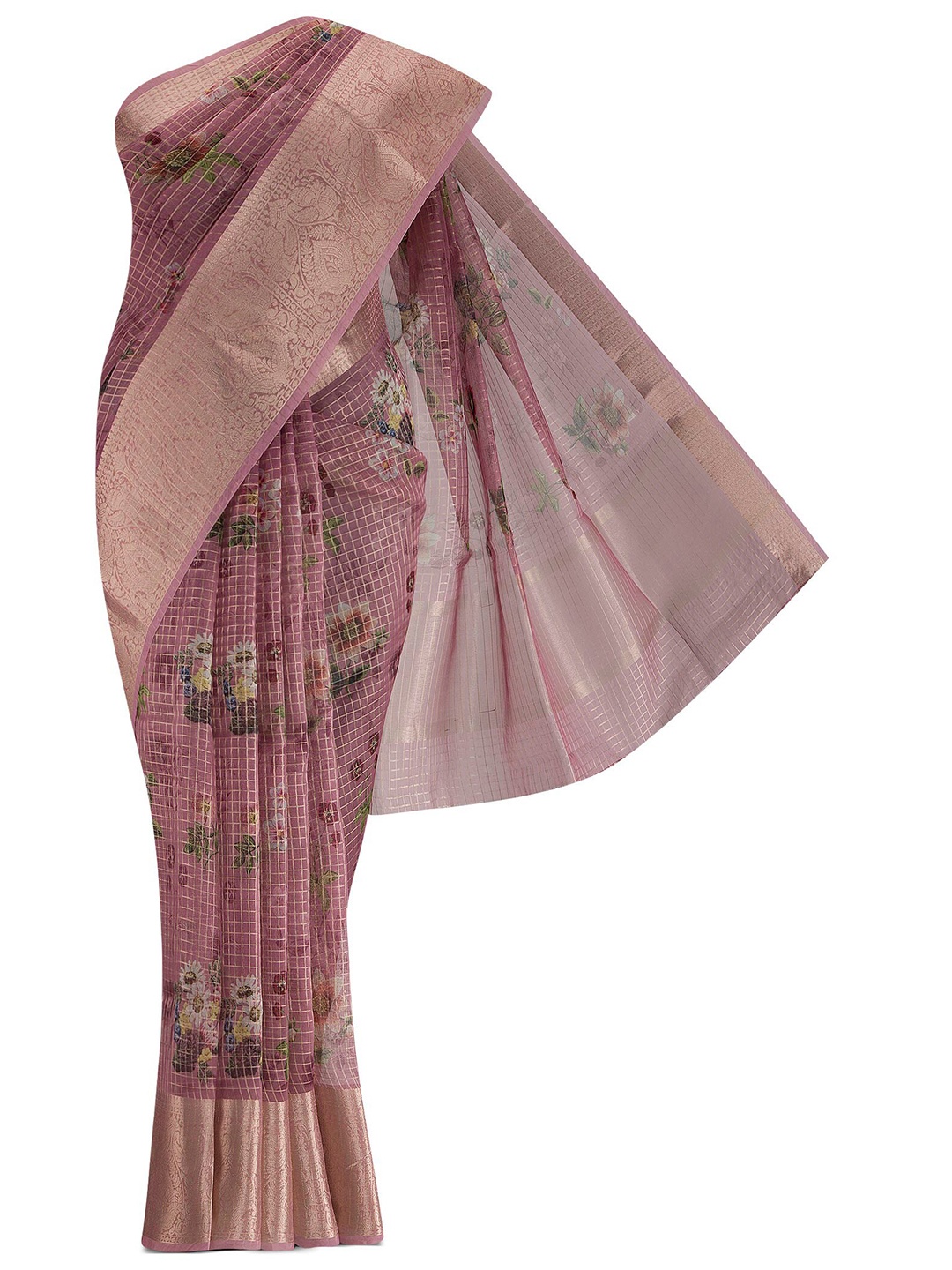 

Nalli Next Beige & Gold-Toned Floral Zari Organza Saree, Pink