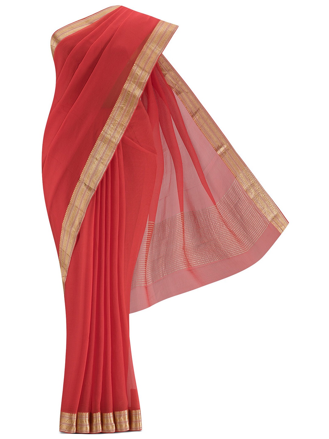 

Nalli Next Green & Peach-Coloured Striped Zari Pure Cotton Saree, Coral