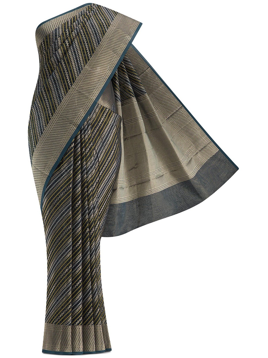 

Nalli Next Women Blue & Gold-Toned Striped Pure Cotton Kota Saree