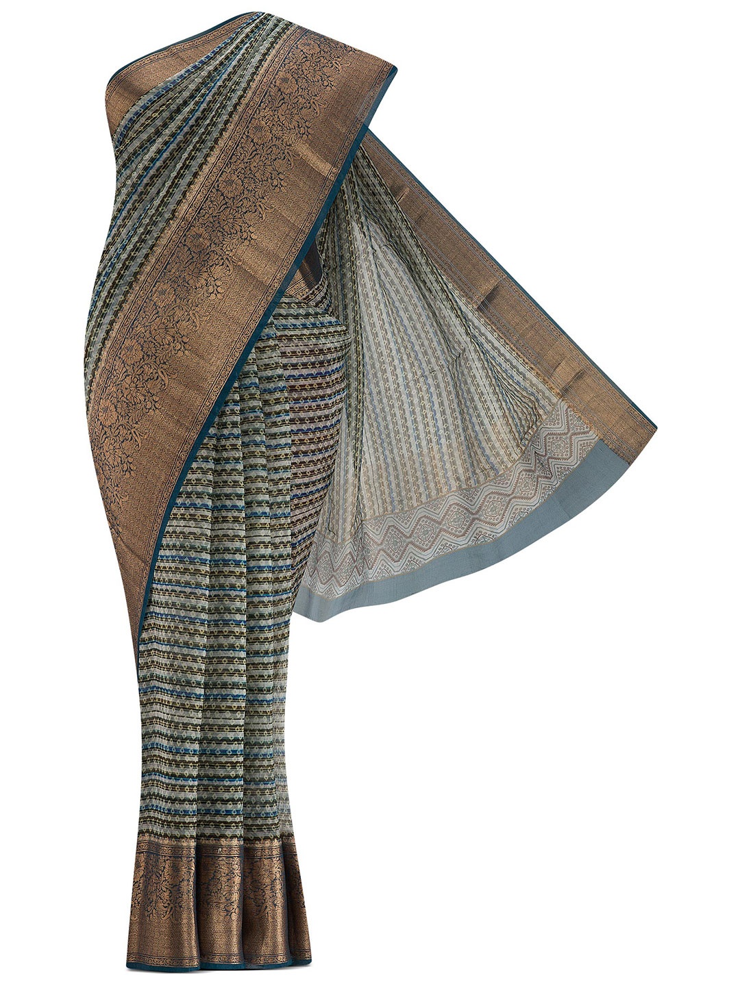 

Nalli Silk Sarees Blue & Gold-Toned Floral Zari Organza Saree