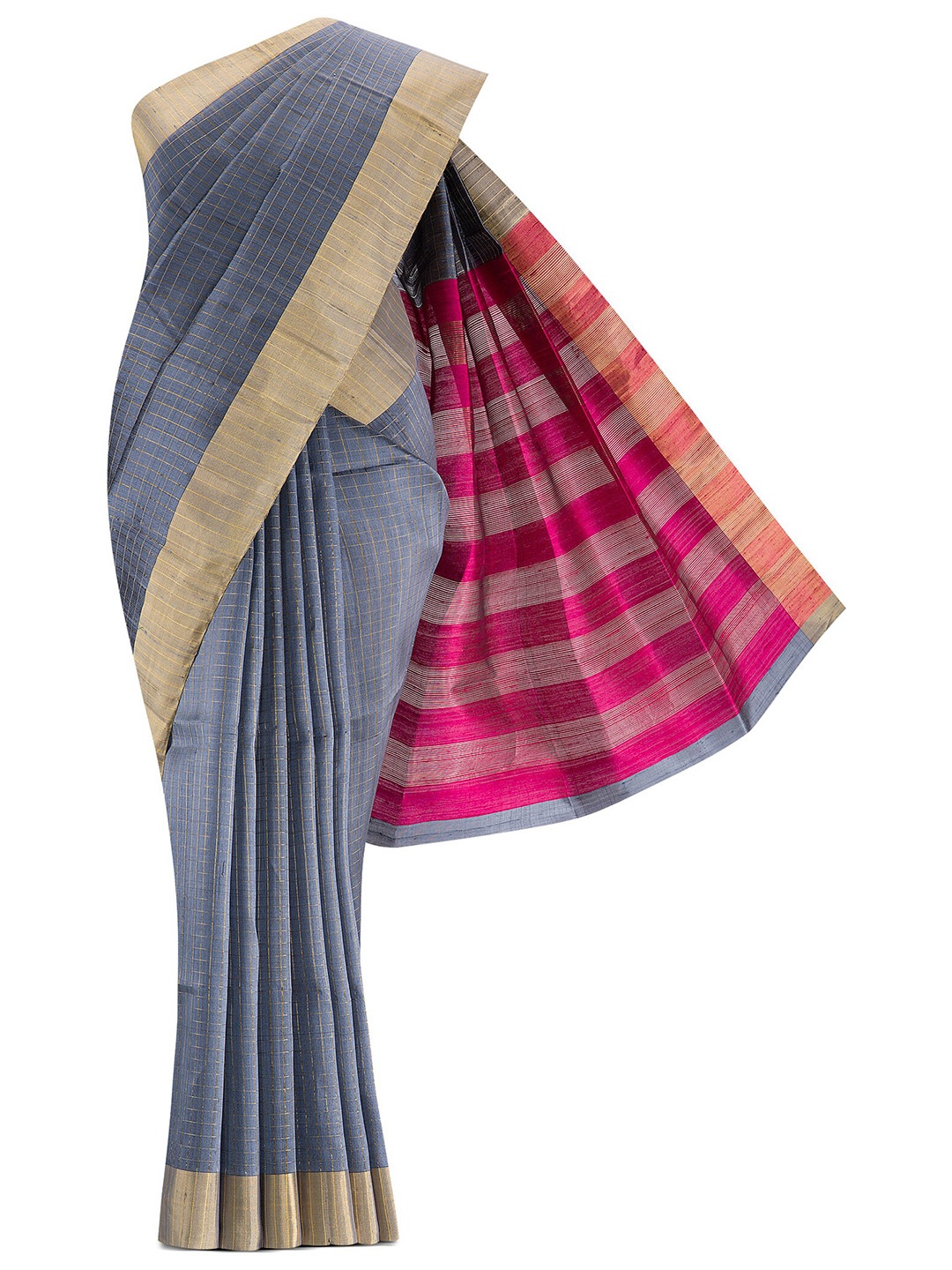 

Nalli Next Blue & Gold-Toned Zari Pure Cotton Saree, Grey