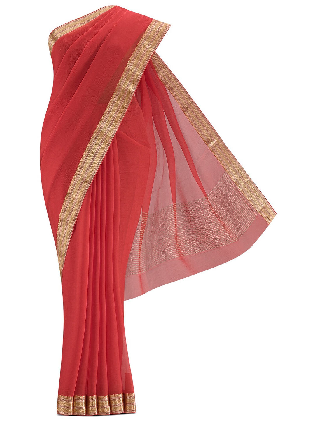 

Nalli Next Silver-Toned & Gold-Toned Embroidered Zari Pure Cotton Saree, Coral