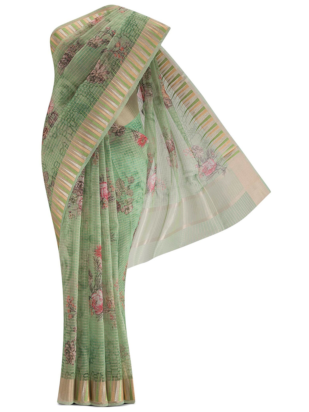 

Nalli Next Cream-Coloured Striped Linen Blend Saree, Green