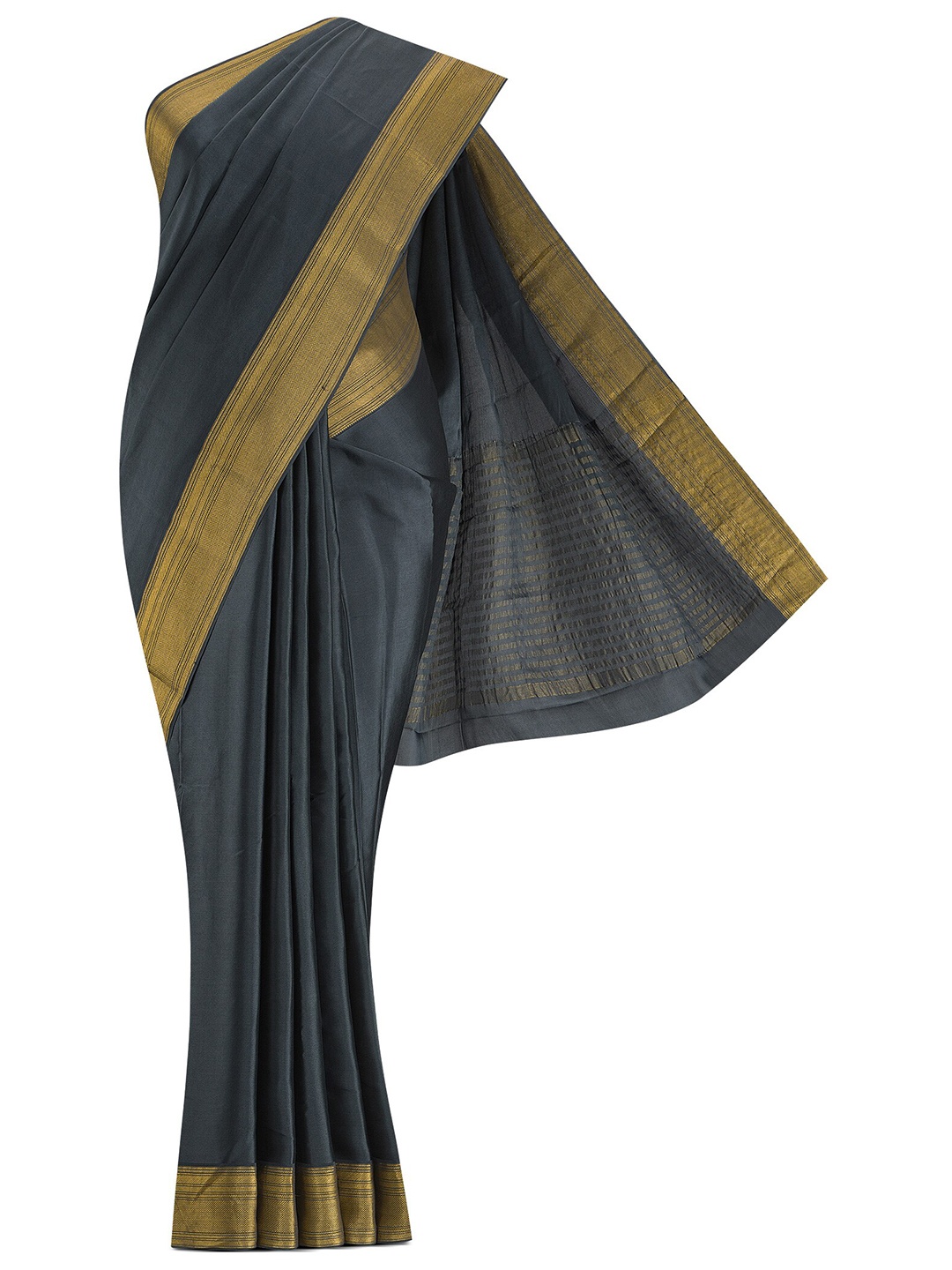 

Nalli Silk Sarees Grey & Gold-Toned Striped Pure Crepe Mysore Silk Saree