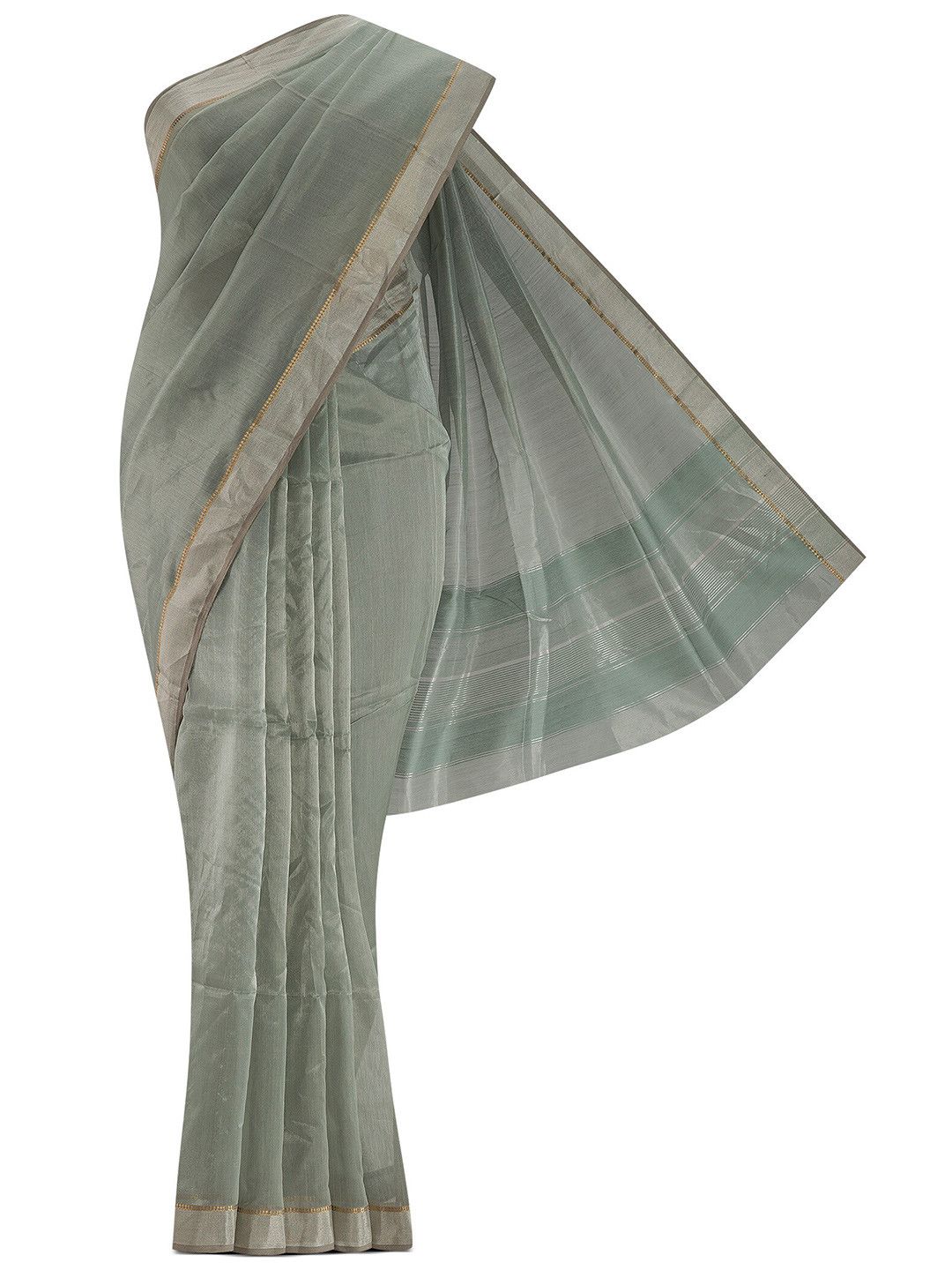 

Nalli Next Green & Gold-Toned Striped Silk Cotton Saree