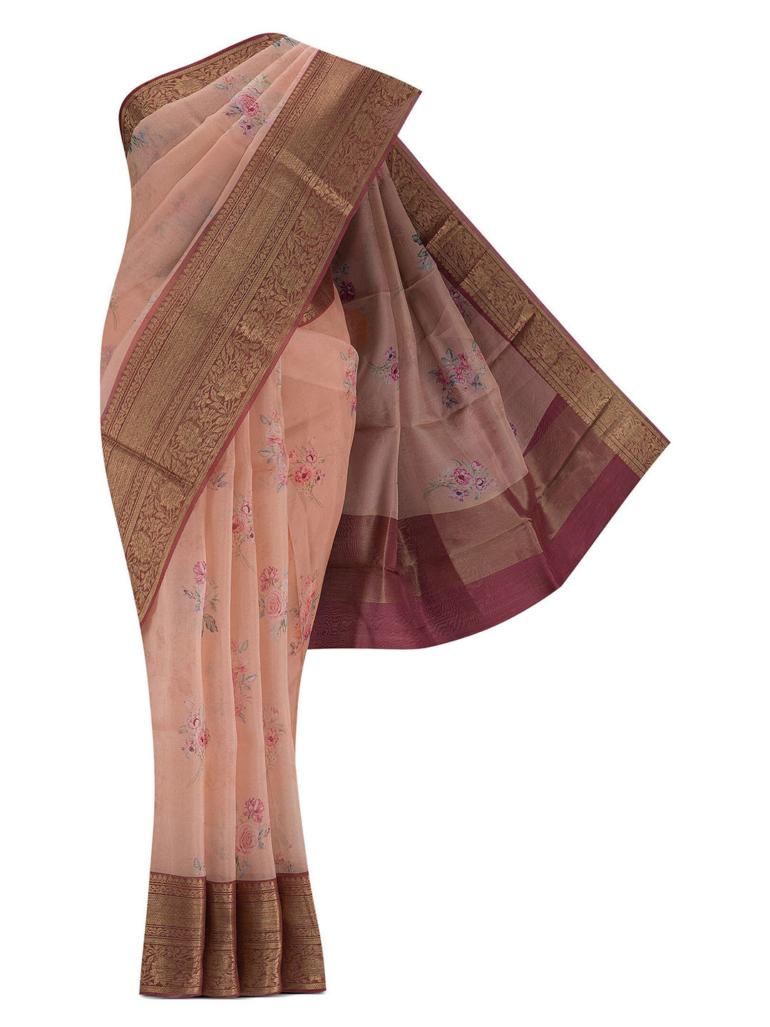 

Nalli Silk Sarees Pink & Gold-Toned Floral Organza Saree