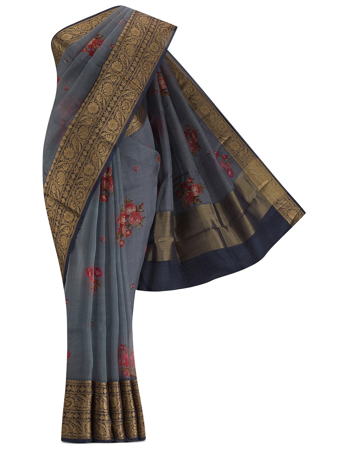 

Nalli Silk Sarees Grey & Gold-Toned Floral Organza Saree