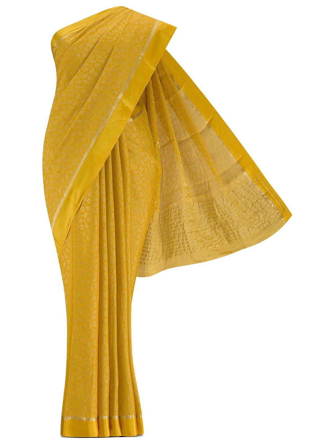 

Nalli Silk Sarees Yellow & Gold-Toned Floral Zari Pure Crepe Mysore Silk Saree