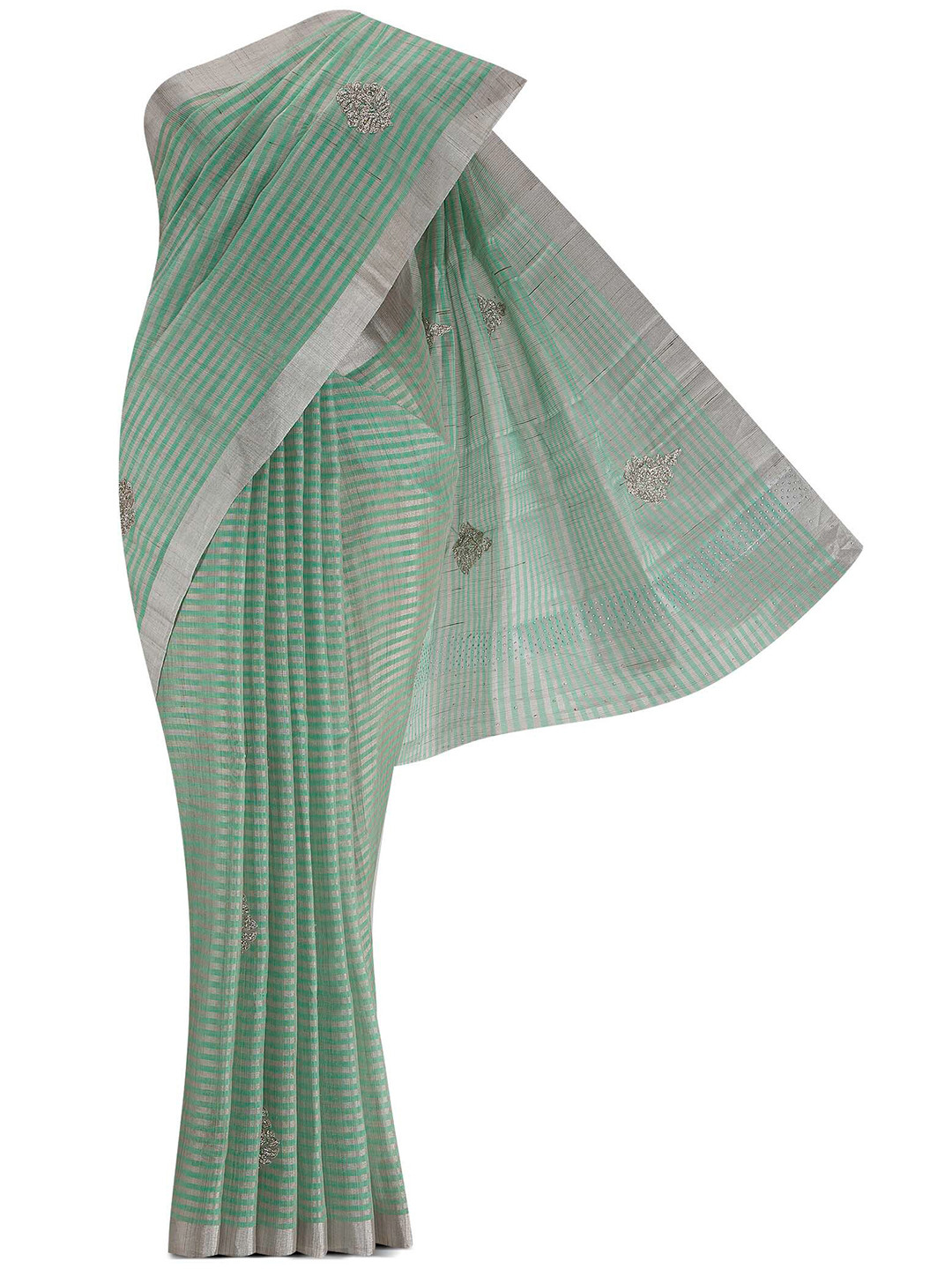 

Nalli Silk Sarees Green & Silver-Toned Ethnic Motifs Zari Pure Cotton Saree