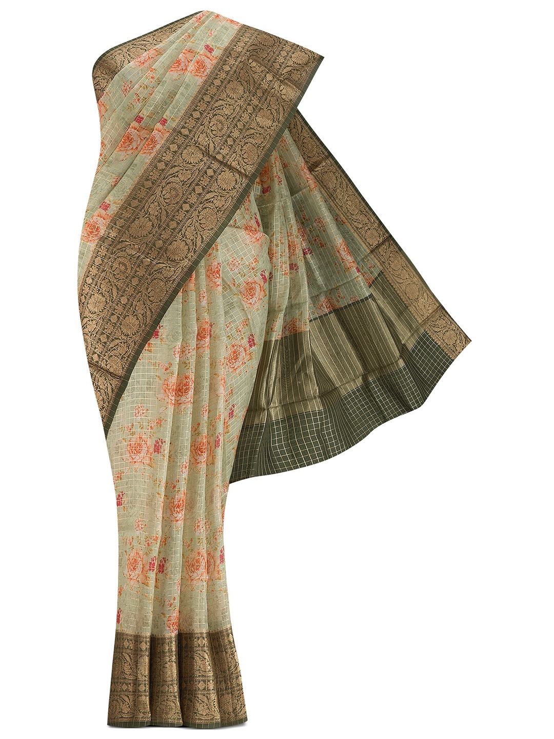 

Nalli Silk Sarees Green & Gold-Toned Floral Zari Organza Saree