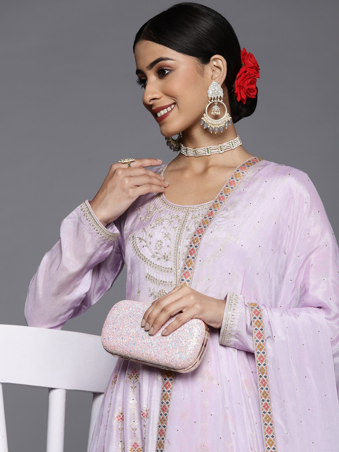 

Libas Women Lavender Ethnic Motifs Embroidered Kurta with Churidar & Dupatta