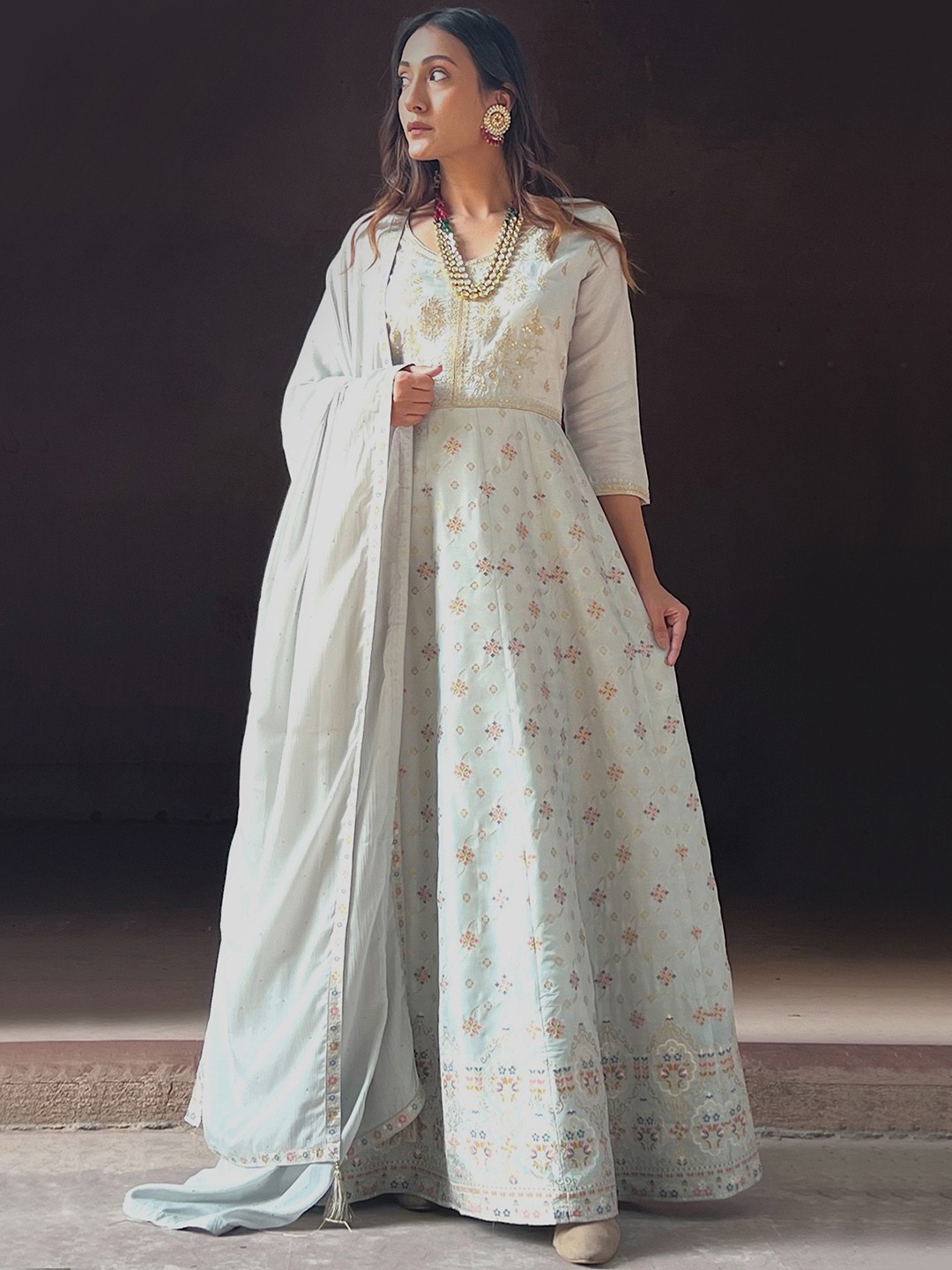 

Libas Women Grey Floral Motifs Embroidered Sequinned Kurta with Churidar & Dupatta