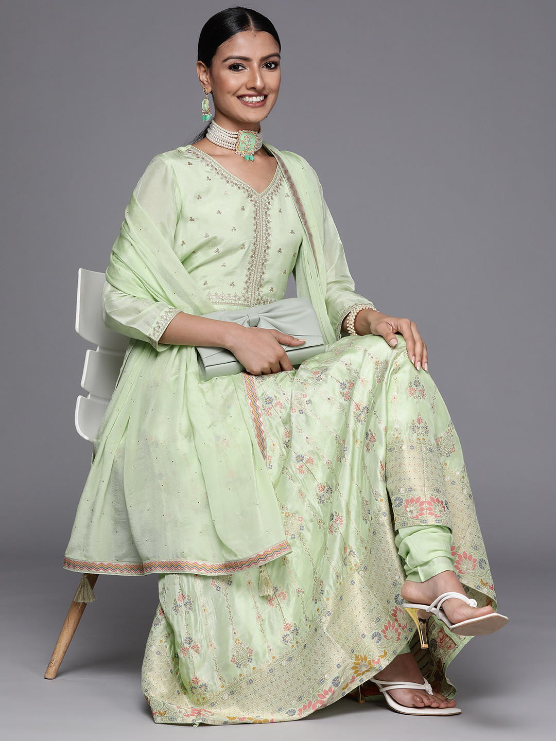 

Libas Women Green Silk Kurta with Churidar & Dupatta