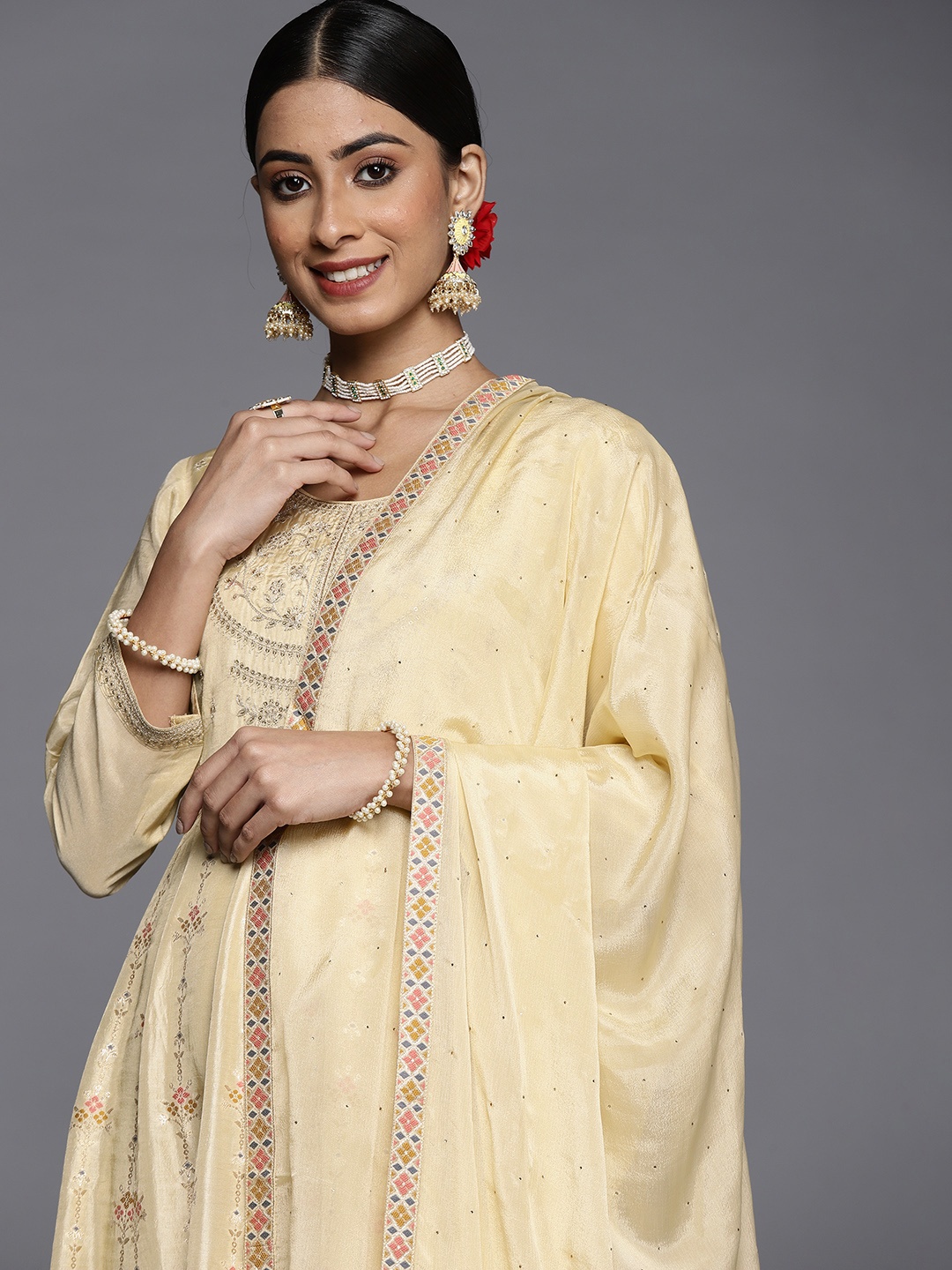 

Libas Women Yellow Ethnic Motifs Embroidered Panelled Sequinned Pure Silk Kurta with Churidar & With Dupatta