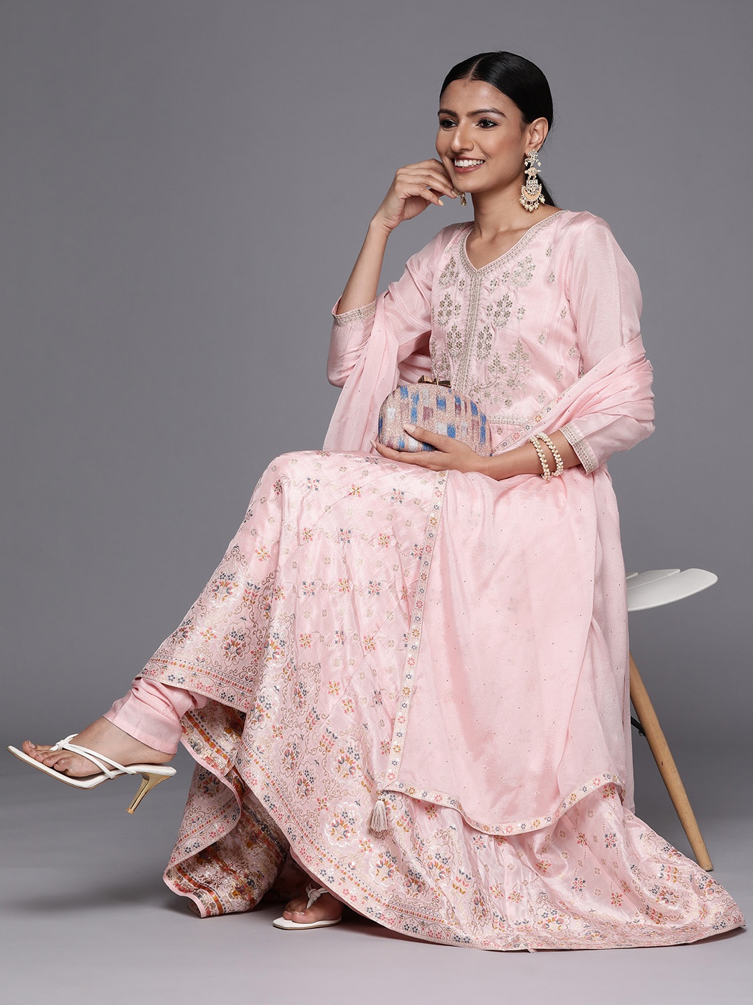 

Libas Women Pink Embroidered Panelled Pure Silk Kurta with Churidar & With Dupatta