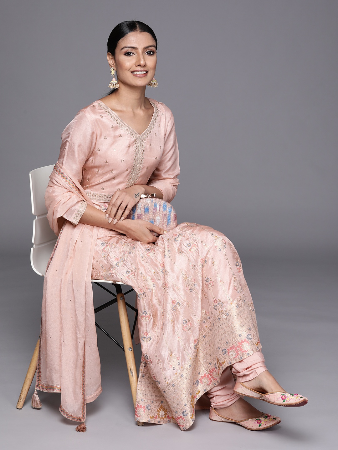 

Libas Women Peach-Coloured Panelled Pure Silk Kurta with Churidar & With Dupatta