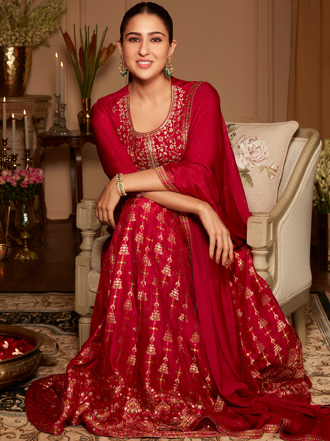 

Libas Women Red Floral Motifs Embroidered Sequinned Kurta with Churidar & Dupatta