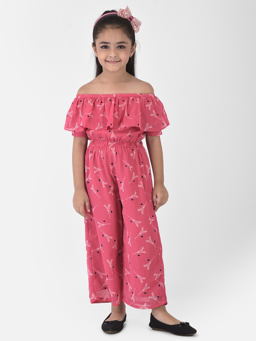 

Eavan Girls Pink & White Off-Shoulder Printed Culotte Jumpsuit