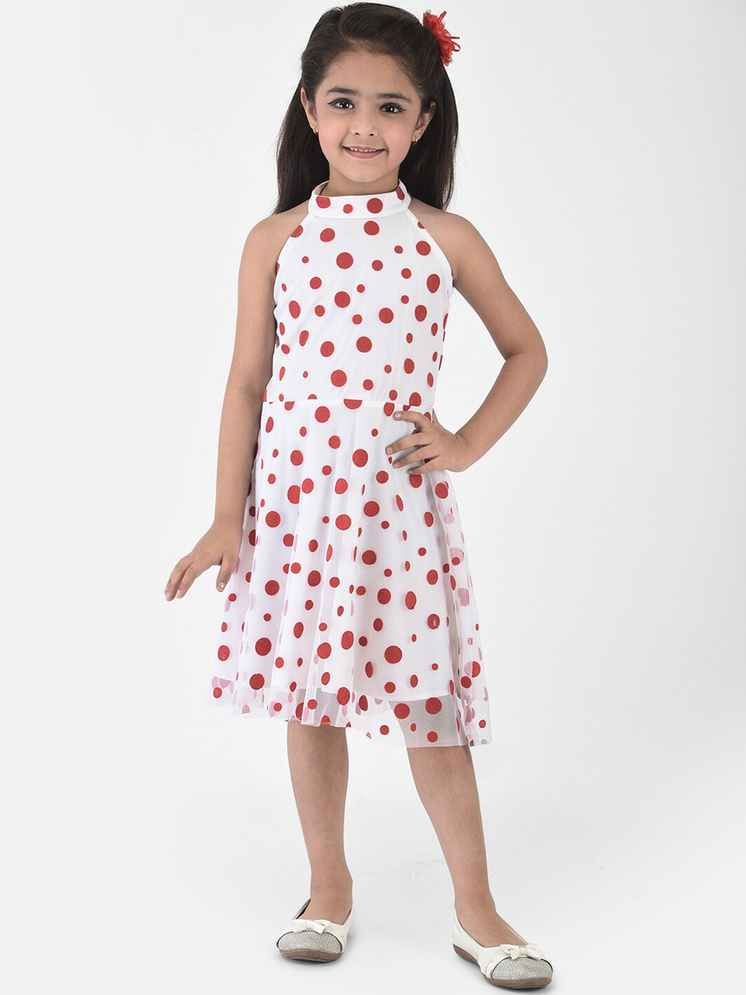 

Eavan Girls White & Red Printed Halter Neck Net Casual Dress