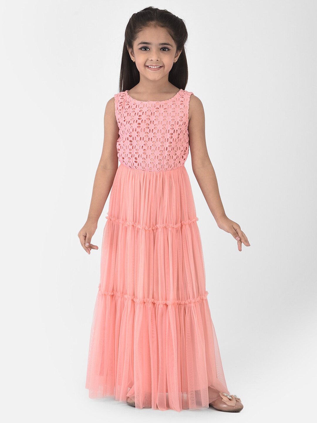 

Eavan Girls Peach-Coloured Embellished Net Tiered Dress