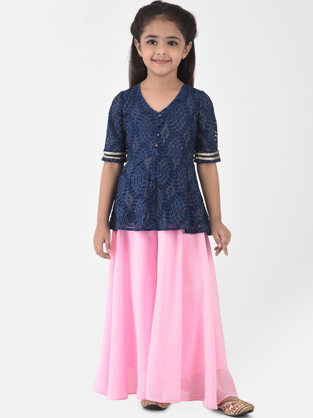 

Eavan Girls Navy Blue & Pink Self Design Top with Palazzos