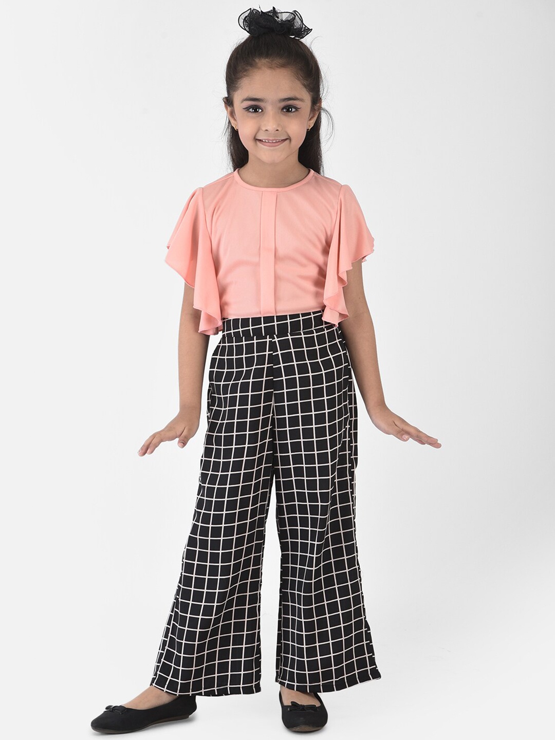 

Eavan Girls Peach-Coloured & Black Checked Culotte Jumpsuit