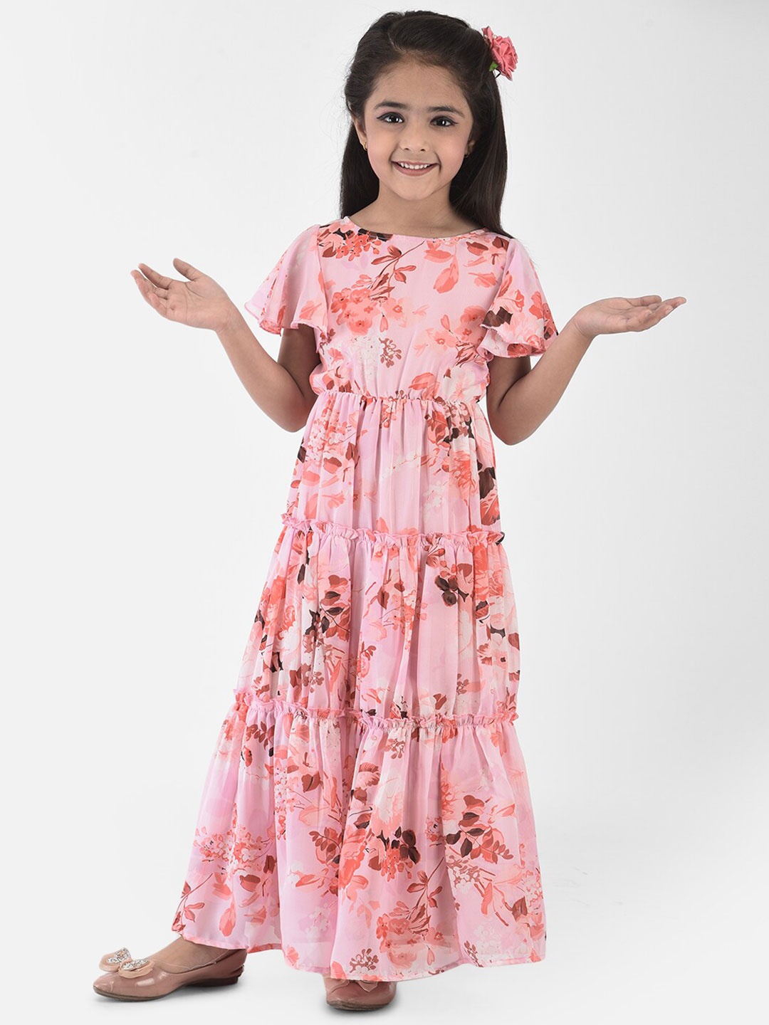 

Eavan Girls Pink Floral Georgette Round Neck Maxi Dress