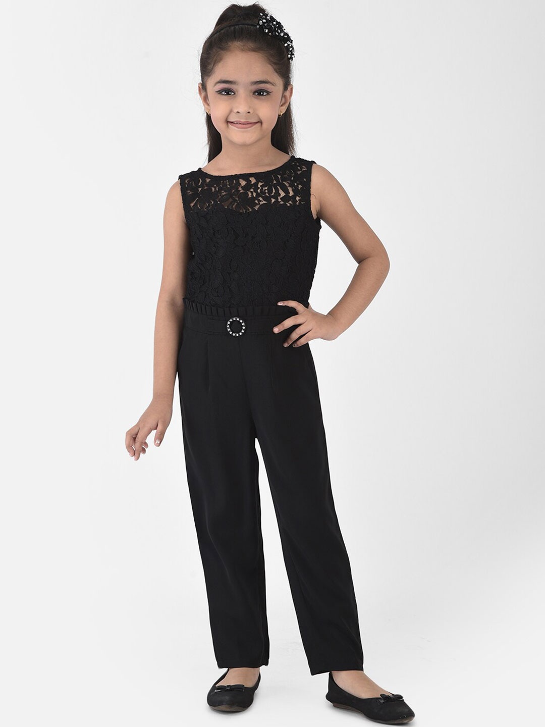 

Eavan Girls Black Basic Jumpsuit with Lace Inserts