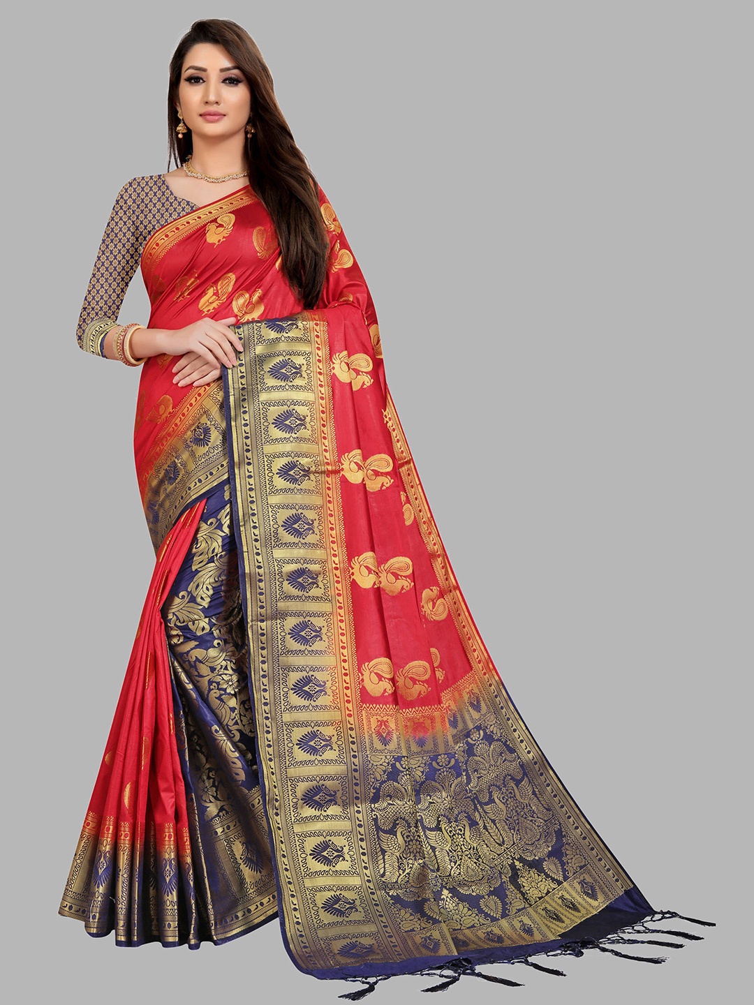 

nirja Fab Red & Blue Woven Design Zari Kanjeevaram Saree