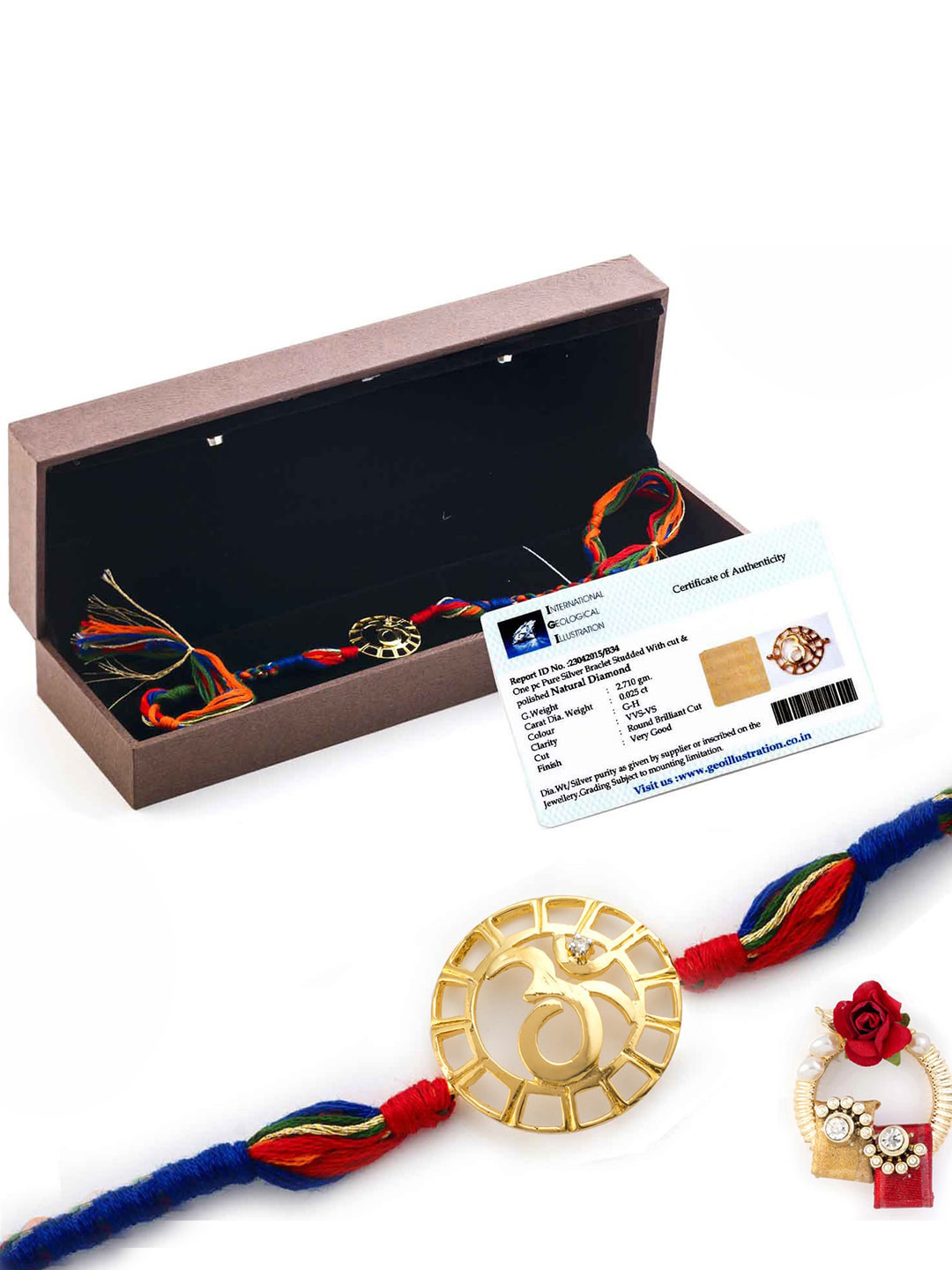 

Aapno Rajasthan Men Gold-Toned Real Diamond Stud Carved OM Rakhi