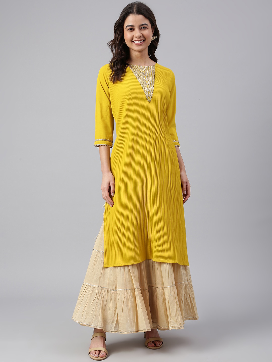 

Janasya Women Mustard Yellow Crepe Self Design Pleated Kurta