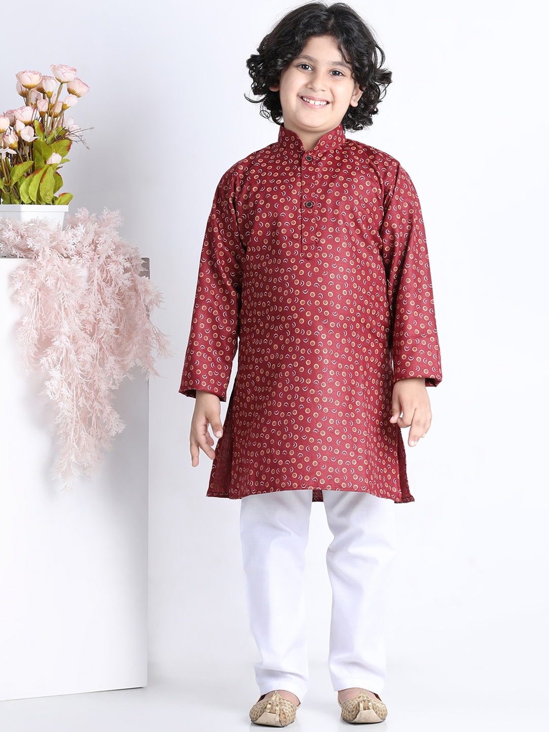

Kidling Boys Maroon Printed Cotton Kurta with Pyjama