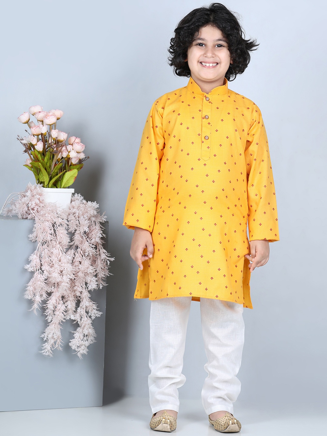 

Kidling Boys Mustard Yellow Floral Printed Kurta with Pyjama