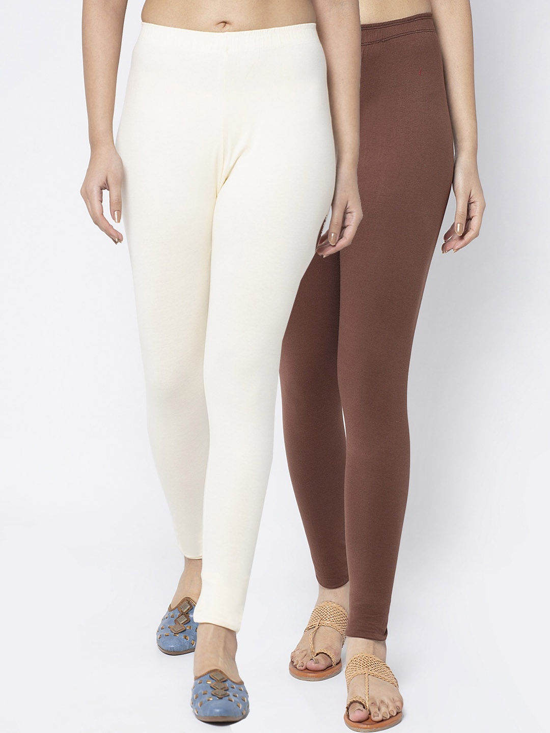 

Jinfo Women Off-White and Brown Pack Of 2 Solid Ankle-Length Leggings