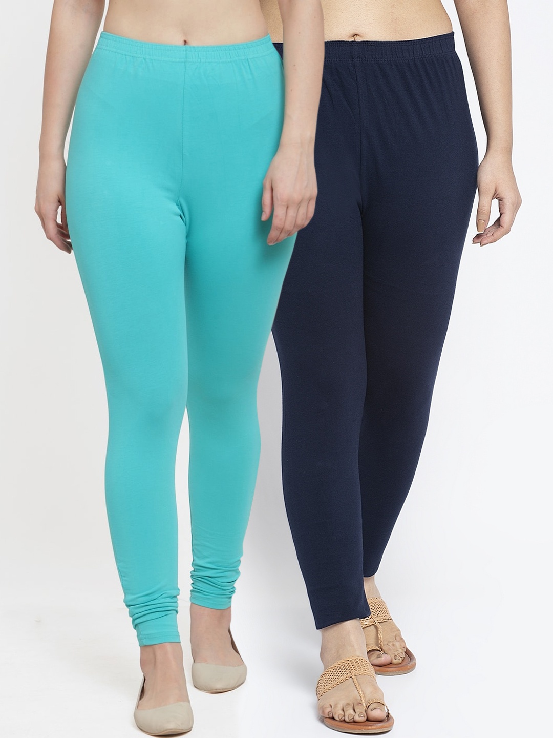 

Jinfo Women Pack Of 2 Navy Blue & Sea Green Solid Ankle Length Leggings