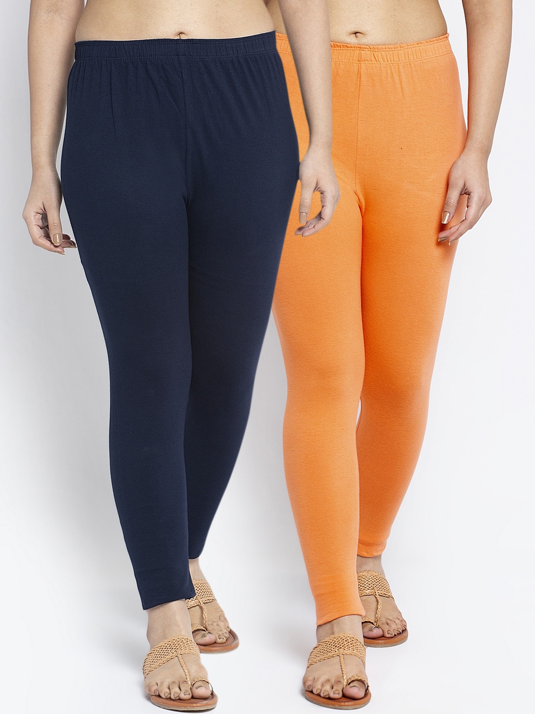 

Jinfo Women Pack Of 2 Solid Cotton Lycra Ankle-Length Leggings, Orange