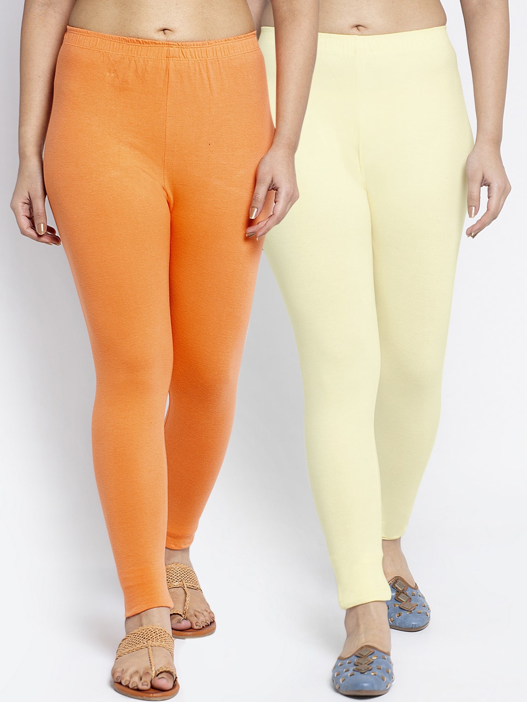 

Jinfo Women Pack Of 2 Solid Cotton Lycra Ankle-Length Leggings, Orange
