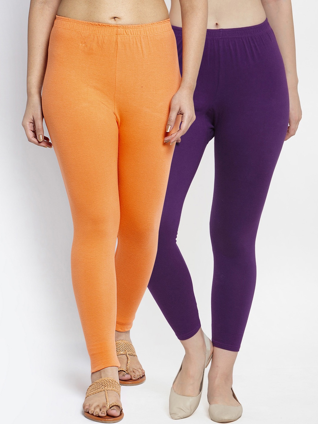 

Jinfo Women Pack Of 2 Orange And Purple Solid Ankle Length Leggings