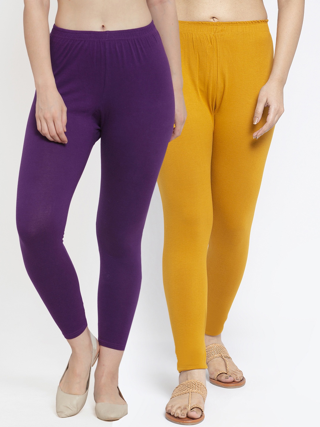 

Jinfo Women Pack Of 2 Purple & Mustard Yellow Solid Ankle-Length Leggings