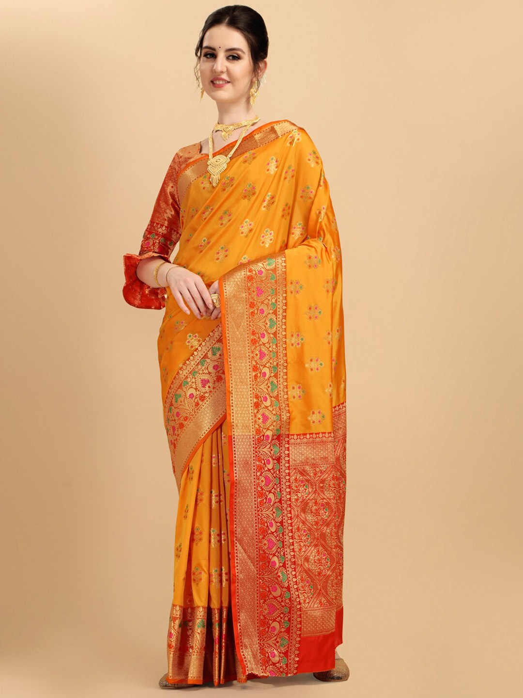 

Sangria Women Yellow Woven Design Embellished Zari Silk Blend Banarasi Saree